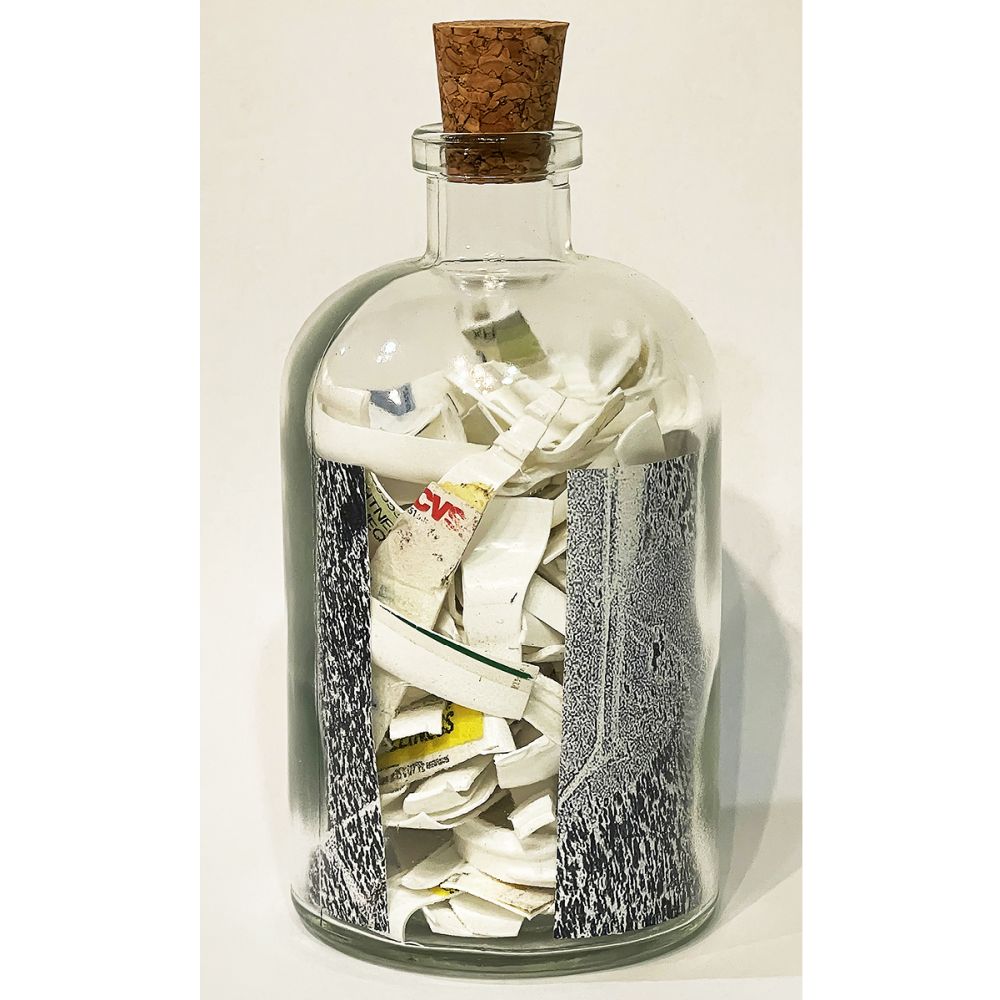 <br/>Nebbiolo Praetorian back, 10/9/2025<br/>Apx 6½" x 3" x 3"<br/>glass, paper, ink, cork and plastic